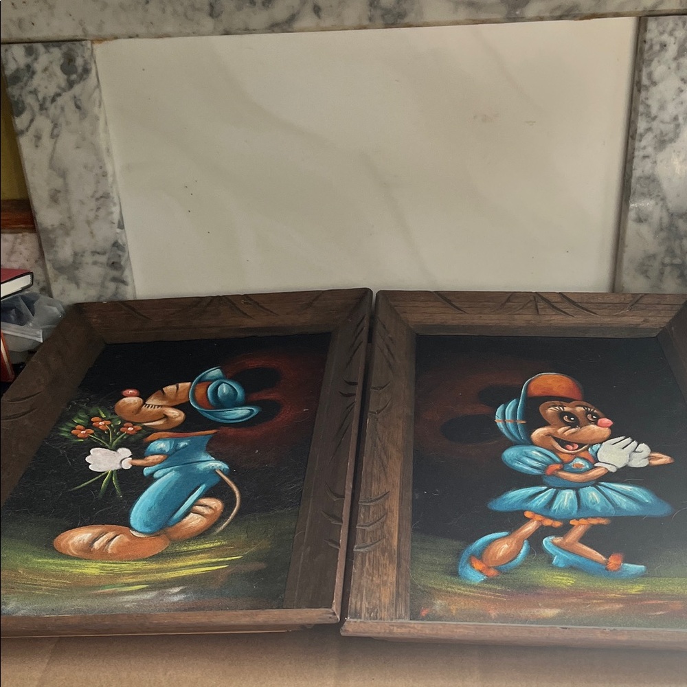 Vintage Pair of Framed Cartoon Mouse Paintings in Teal and Brown Disney